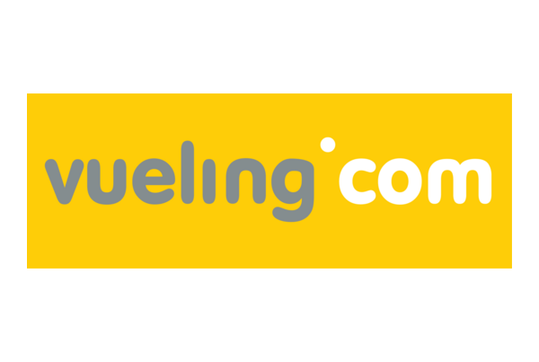 Vueling Logo de Vueling, avec le texte "vueling.com" sur fond jaune.