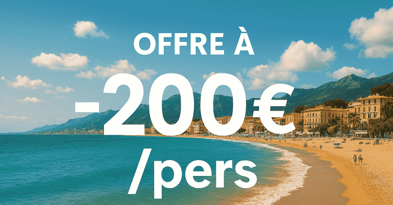 Offre -200€/pers. Offre moins de 200€ par personne, vue sur plage et montagne.